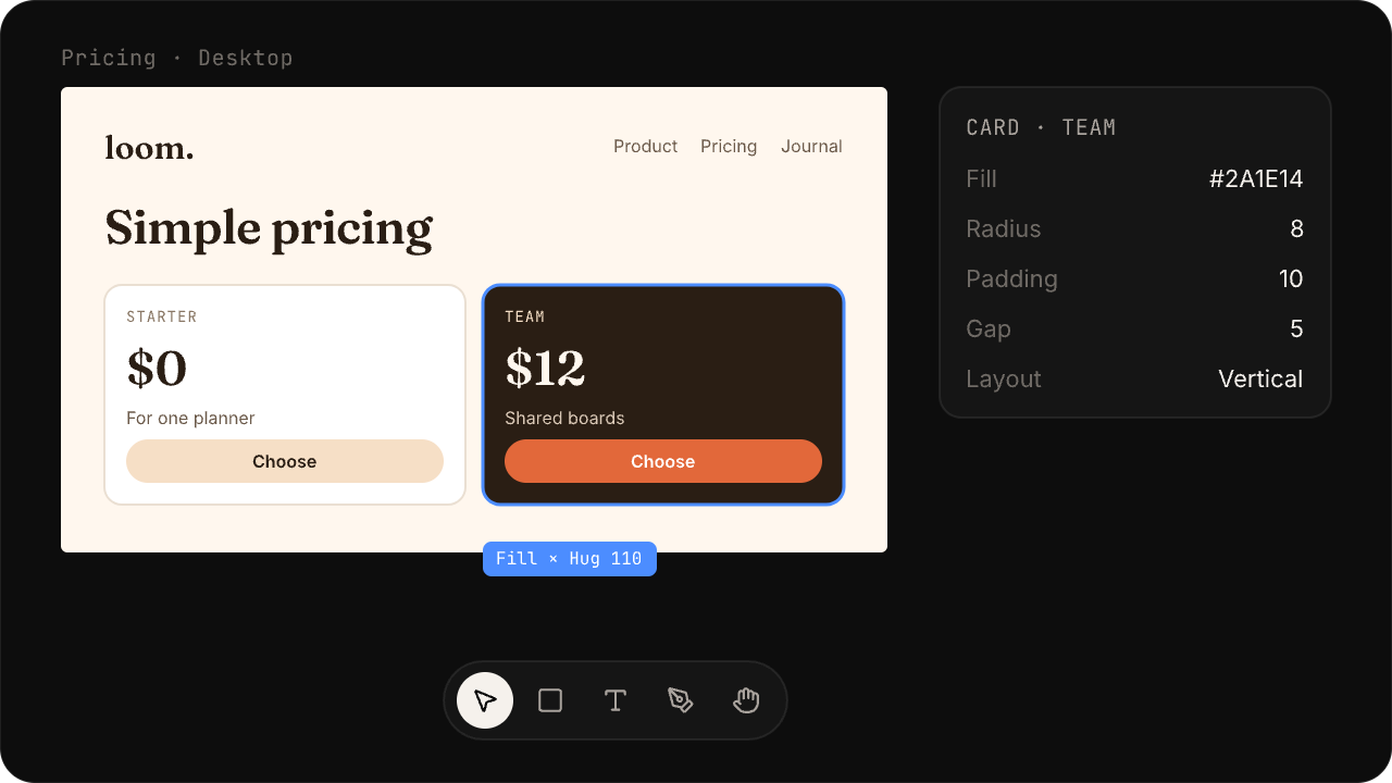Kimo canvas: a pricing section with the Team card selected