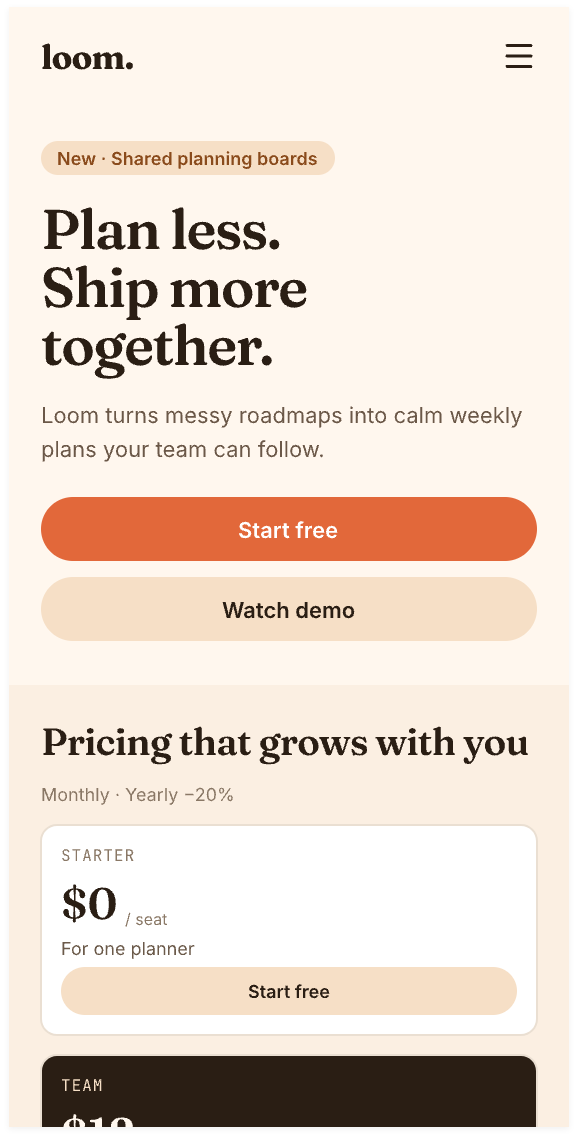 The mobile artboard of the same page