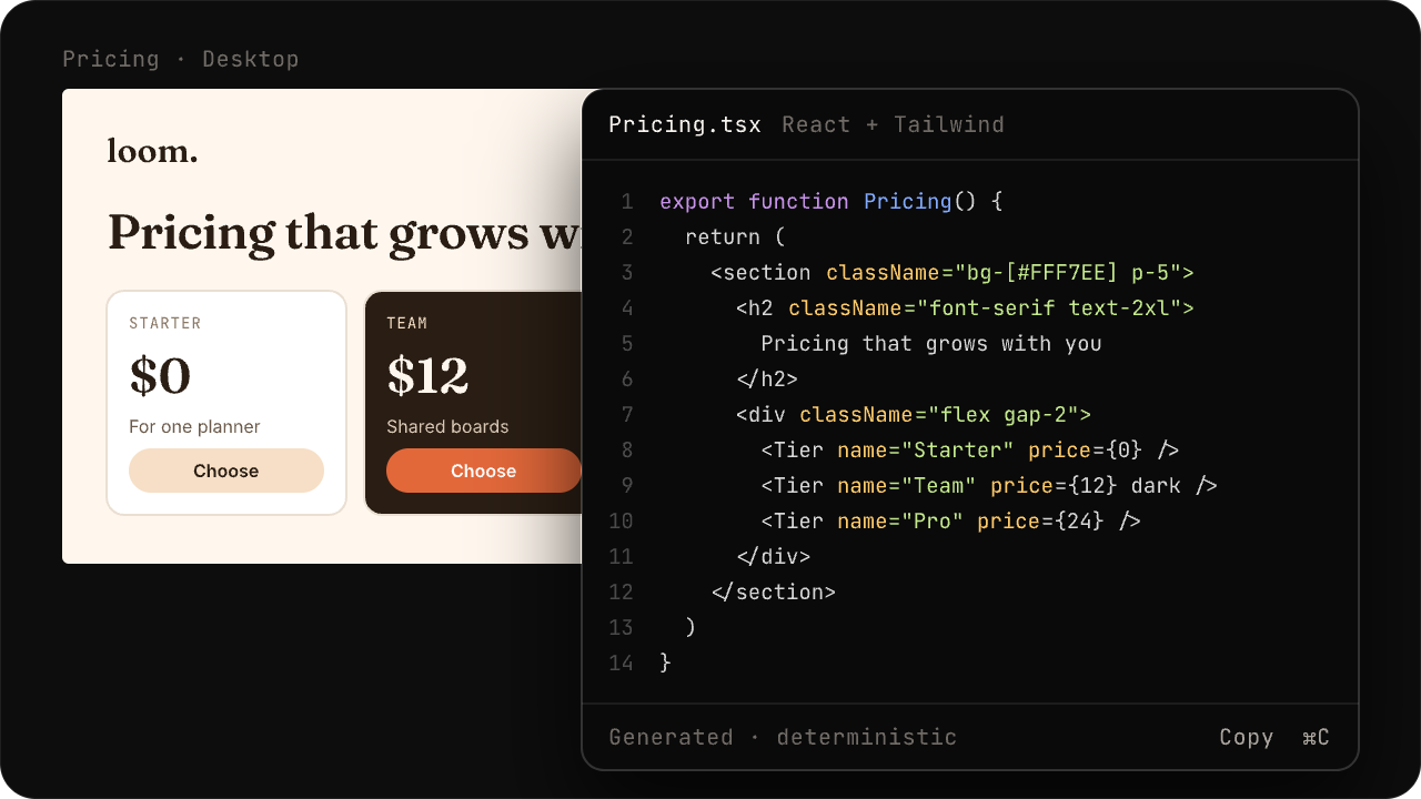 The pricing section exported to React and Tailwind next to the canvas